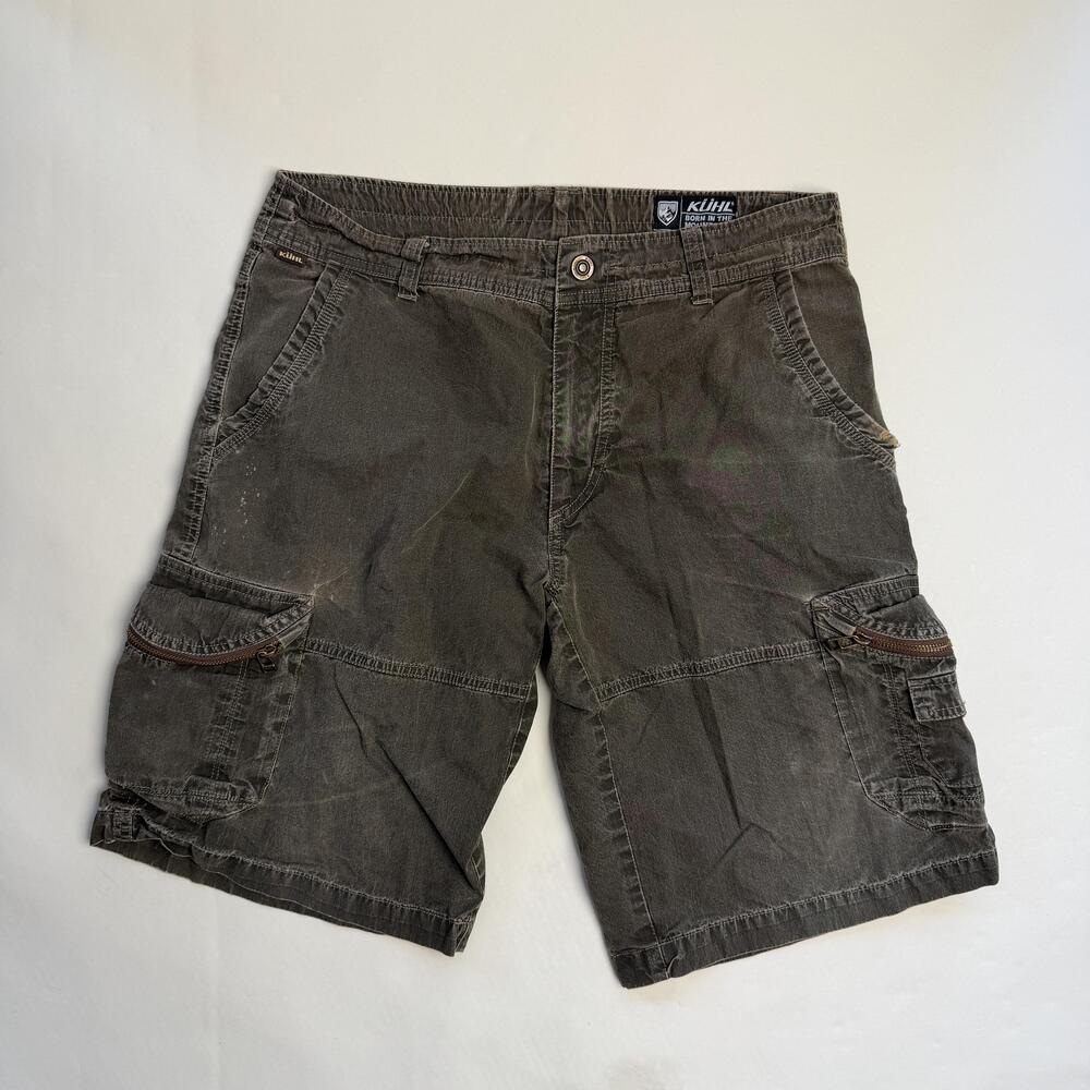 Kuhl Cargo Shorts Mens 34 Gray Canvas 11 Inseam Outdoor Hiking Utility Patina